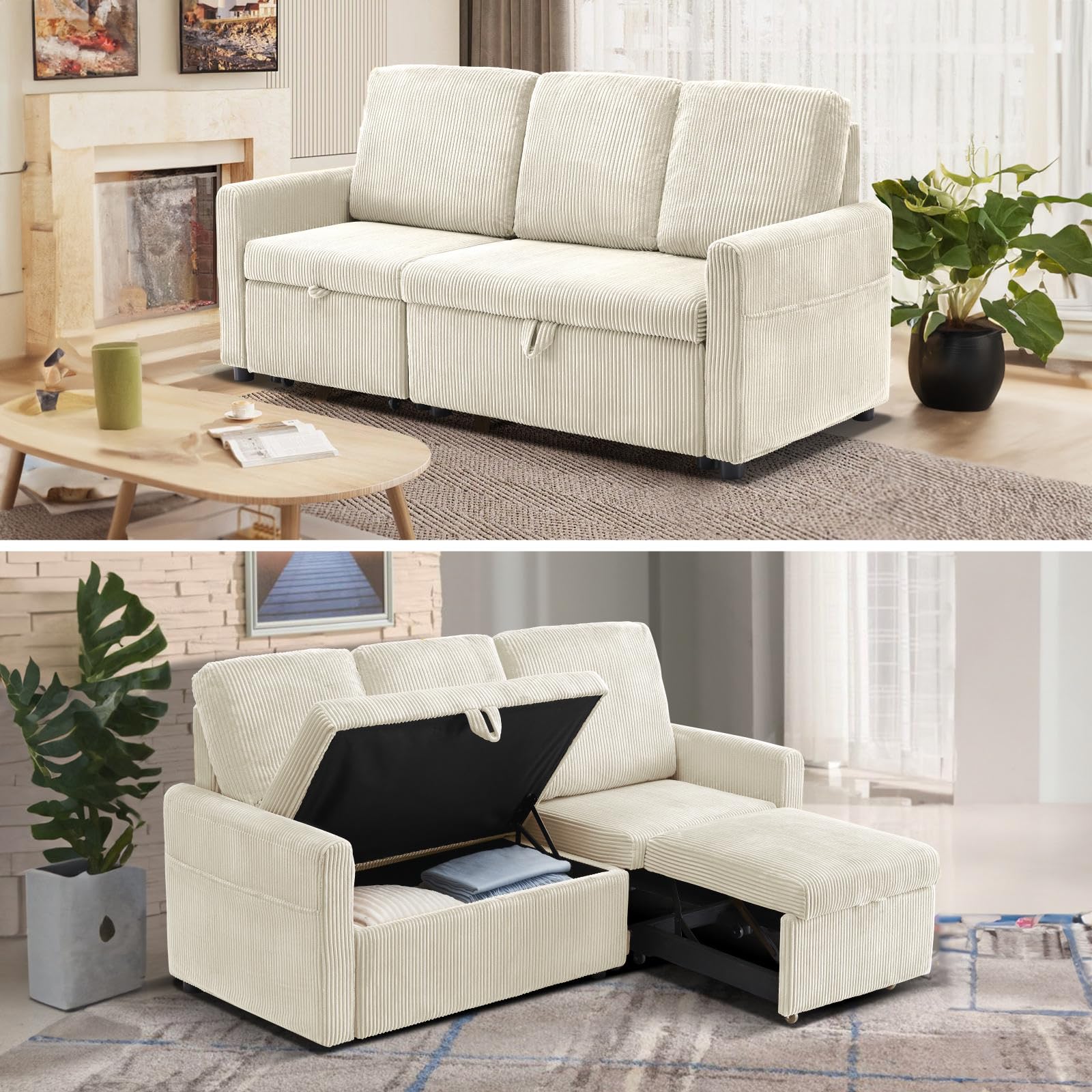 FEISHOMINOO Corduroy Modular Sectional Sofa,Comfy 3 Seater Plush Couch with Hidden Storage and Pull Out The Chaise Lounge,Small Sleeper Sofabed for Small Space Living Room (Beige, L-Shape Sofa)