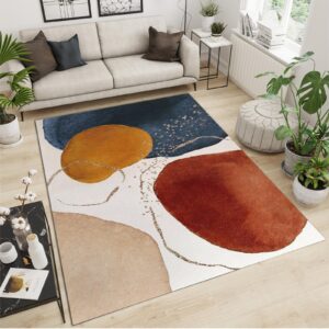 mid century terracotta geometric area rug, burnt orange navy block gold line non slip carpet, low pile easy machine washable rug for sofa table under living room bedroom decor mat - 3 ft x 4 ft