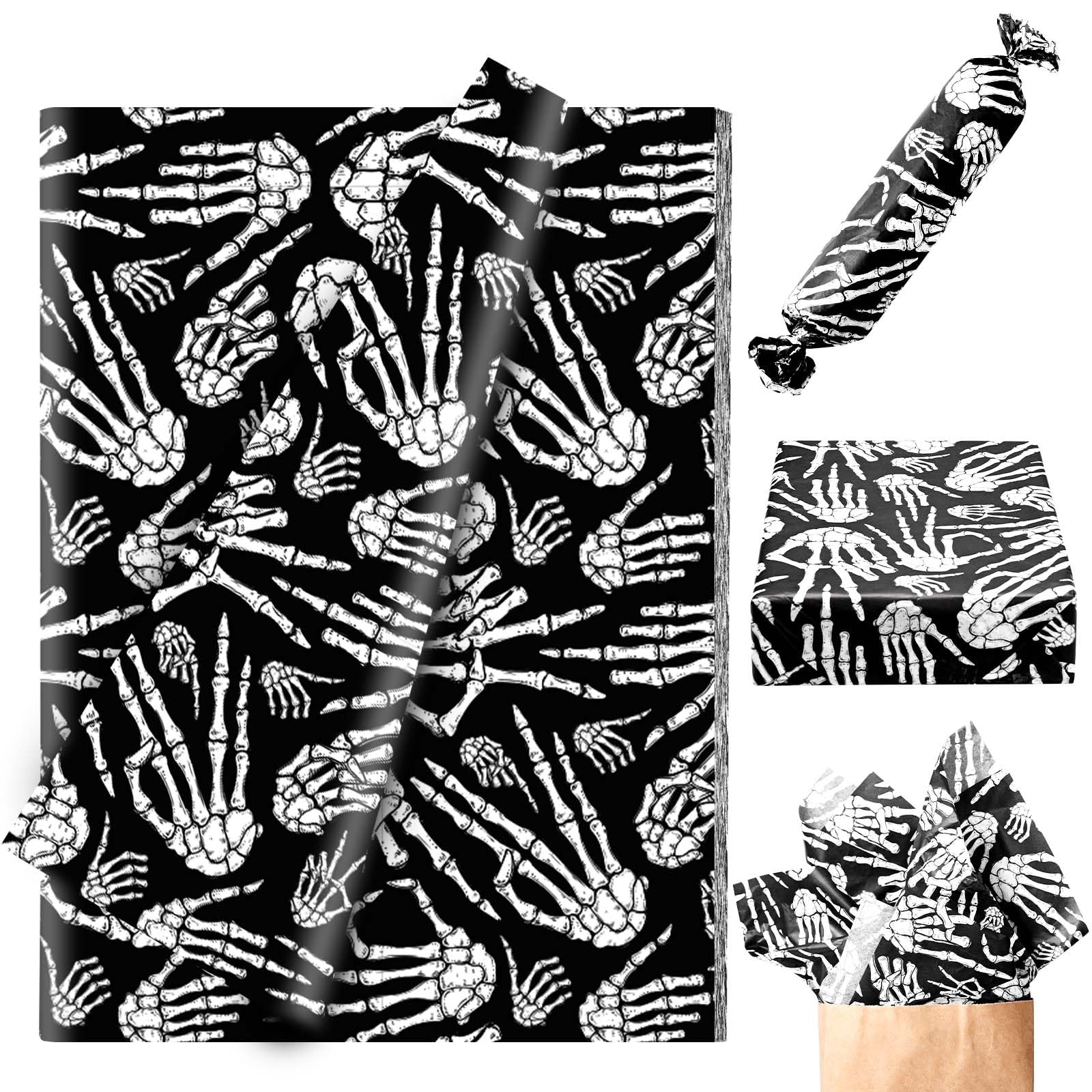 100 Sheets 20 * 14 Inches Halloween Tissue Paper for Gift Wrapping Black White Skeleton Hands Tissue Paper for Gift Bags Spooky Decorative Tissue for Halloween Party DIY Craft