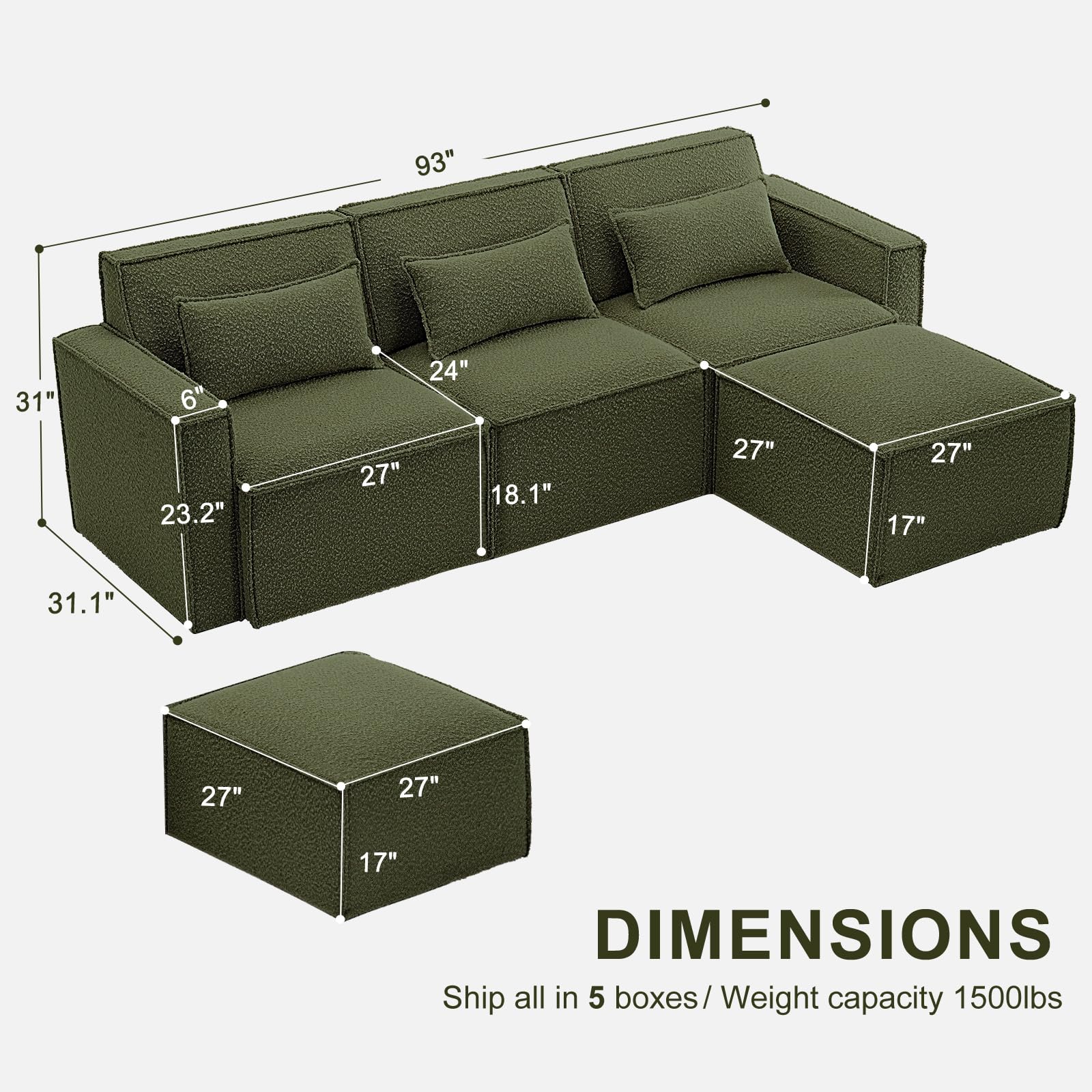 ELUCHANG 93" Modular Sectional Sofa Couch,4 Seat Sofa Convertible Modern Boucle L-Shaped Sofa with Reversible Chaise,High Supportive & Soft Sponges Comfy Sectional Sleeper Sofa for Living Room, Green