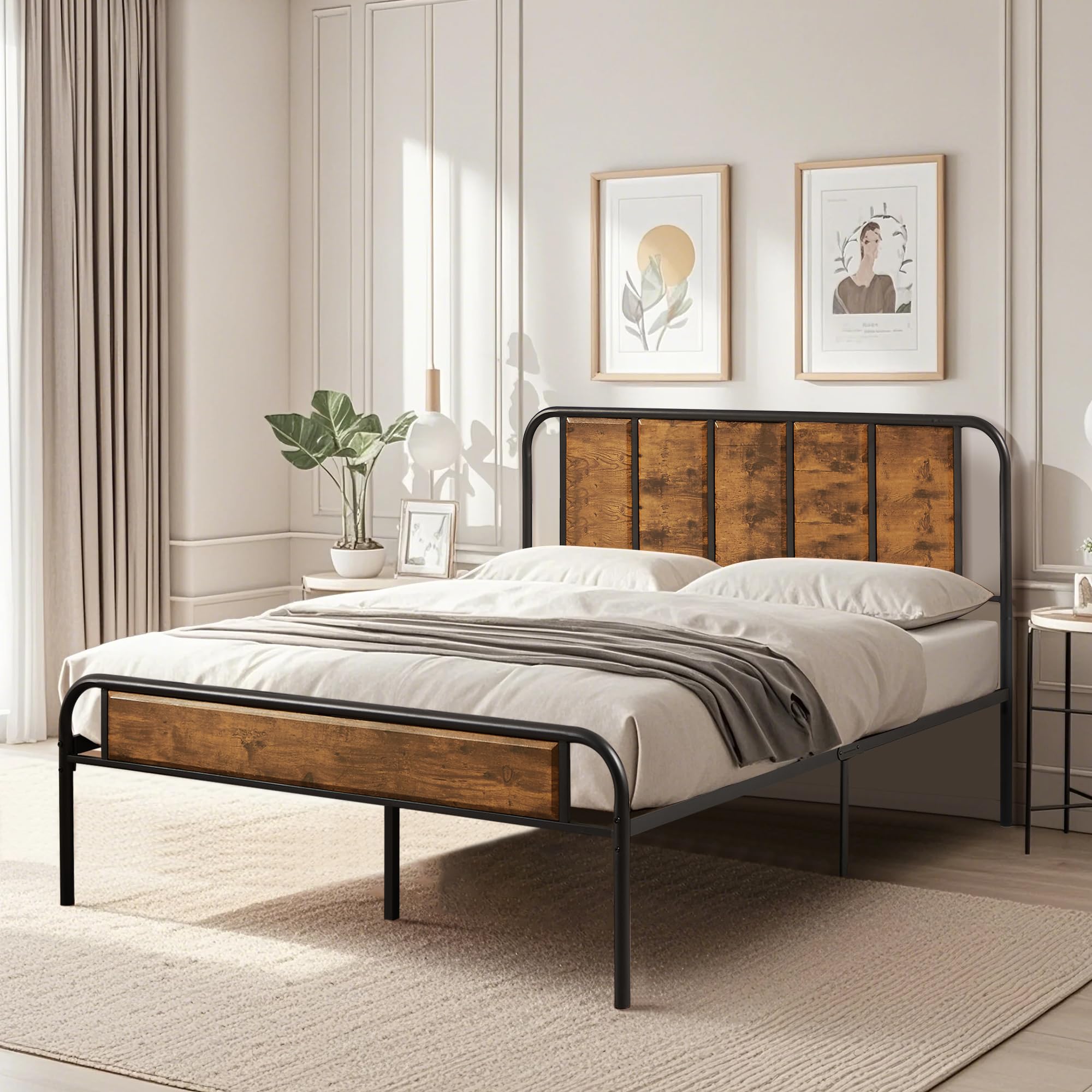 VECELO Queen Platform Bed Frame with Wood Headboard,Sturdy Steel Slats Support/Matress Foudation/No Box Spring Needed(Brown)