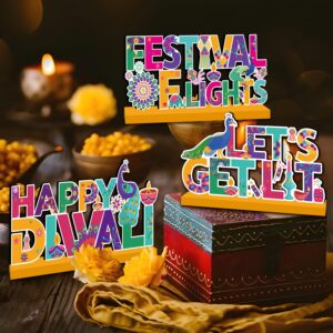 3Pcs Diwali Decorations Wooden Table Centerpieces, Happy Diwali Table Decorations for Indian Hindu Festival of Lights Party Diwali Decorations for Table