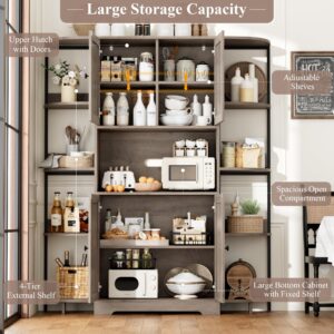 HITHOS 70" Kitchen Pantry Storage Cabinet, Tall Kitchen Hutch Cabinet with Microwave Stand, Industrial Pantry Cabinet with 8 Open Shelves & Coffee Bar Cabinet for Dining Room, Living Room, Ash Gray