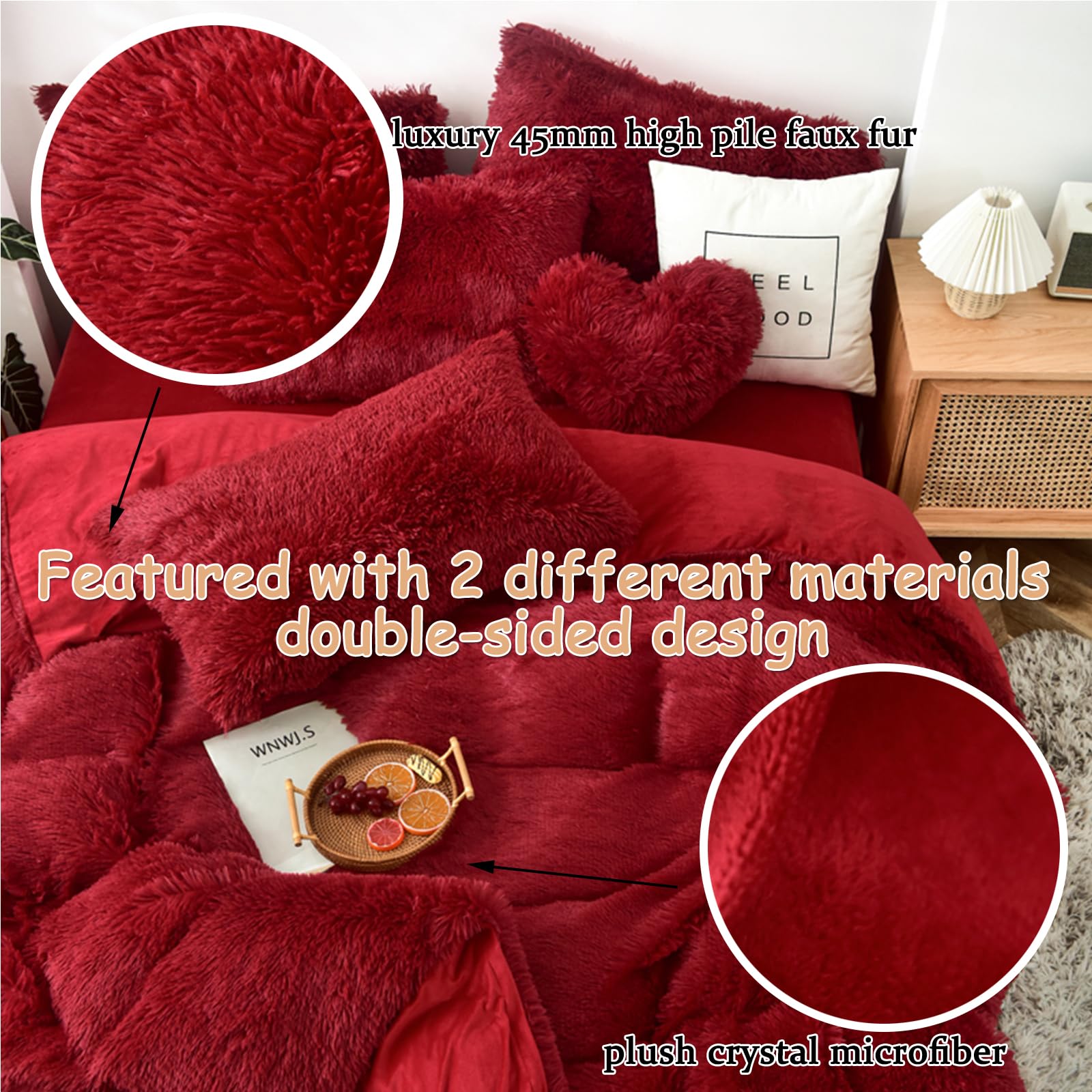 MorroMorn Luxury Shag Fluffy Comforter Cover Set, Shaggy Faux Fur Duvet Cover Sets - 5 Pcs Plush Quilt Cover Pillowcases Velvet Fitted Sheets, Fuzzy Flannel Soft for Full Queen Size Bed Red