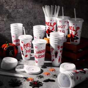 Dandat 24 Pcs Halloween Plastic Cups 24Oz Halloween Bloody Handprint Cups Halloween Reusable Cups with Lids and Straws Halloween Party Favors Supplies Halloween Cups for Adults Party Decoration