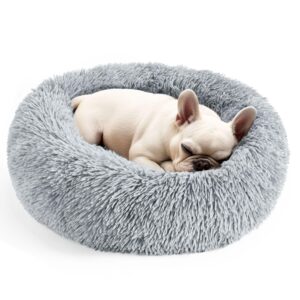 hoewina dog & cat bed, 20in cat beds for indoor cats, calming donut bed for puppy and kitten, washable round fluffy pet bed for small medium dogs and cats (light grey)