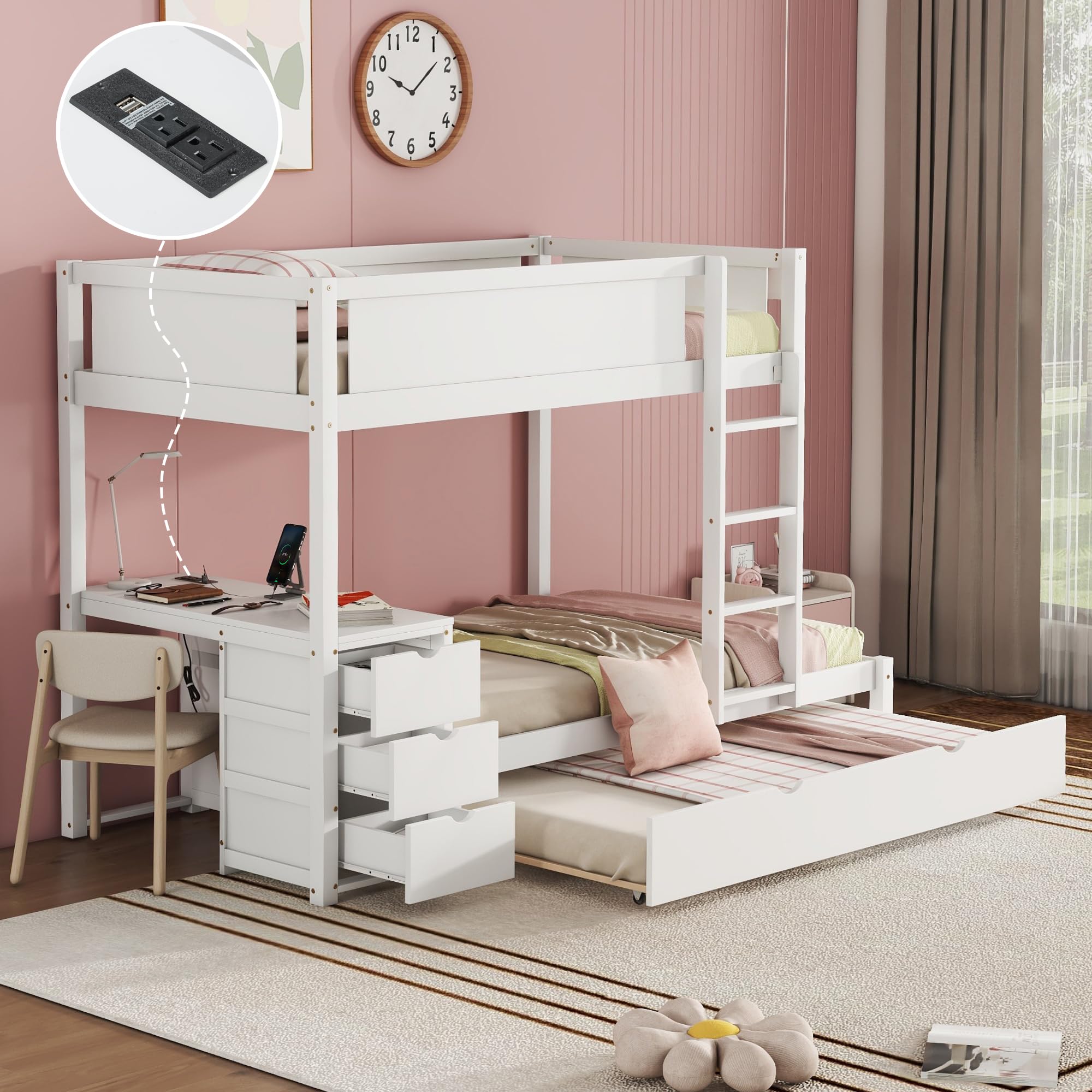 Harper & Bright Designs Twin Over Twin Bunk Bed with Trundle, Desk and Storage Drawers, Wood Bunk Bed Frame for Kids Teens Adults, White