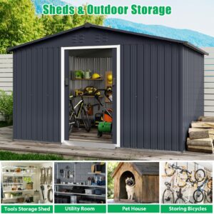 GarveeLife 10x10 Ft Outdoor Storage Shed, Steel Utility Tool Shed with Sloped Roof & Lockable Door, Backyard Garden Patio Lawn Outdoor Shed for Organising Tools and Equipment in Yard, Garden, Grey