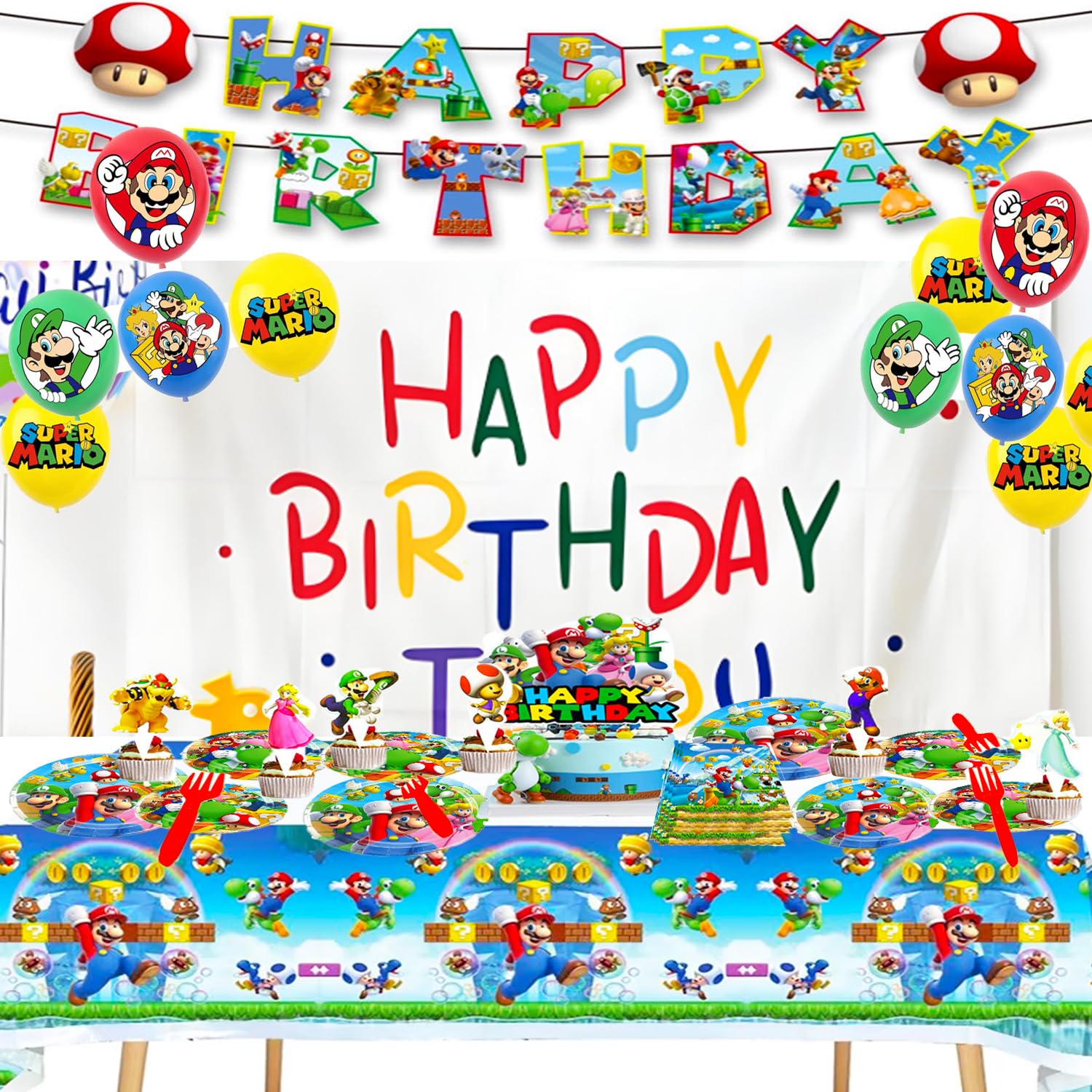 123Pcs Super Bros Themed Party Decorations, Birthday Party Supplies Decorations Set-Plates Napkins Tablecloth Banners Fork etc for 20 Guests Kids Birthday (Set A)