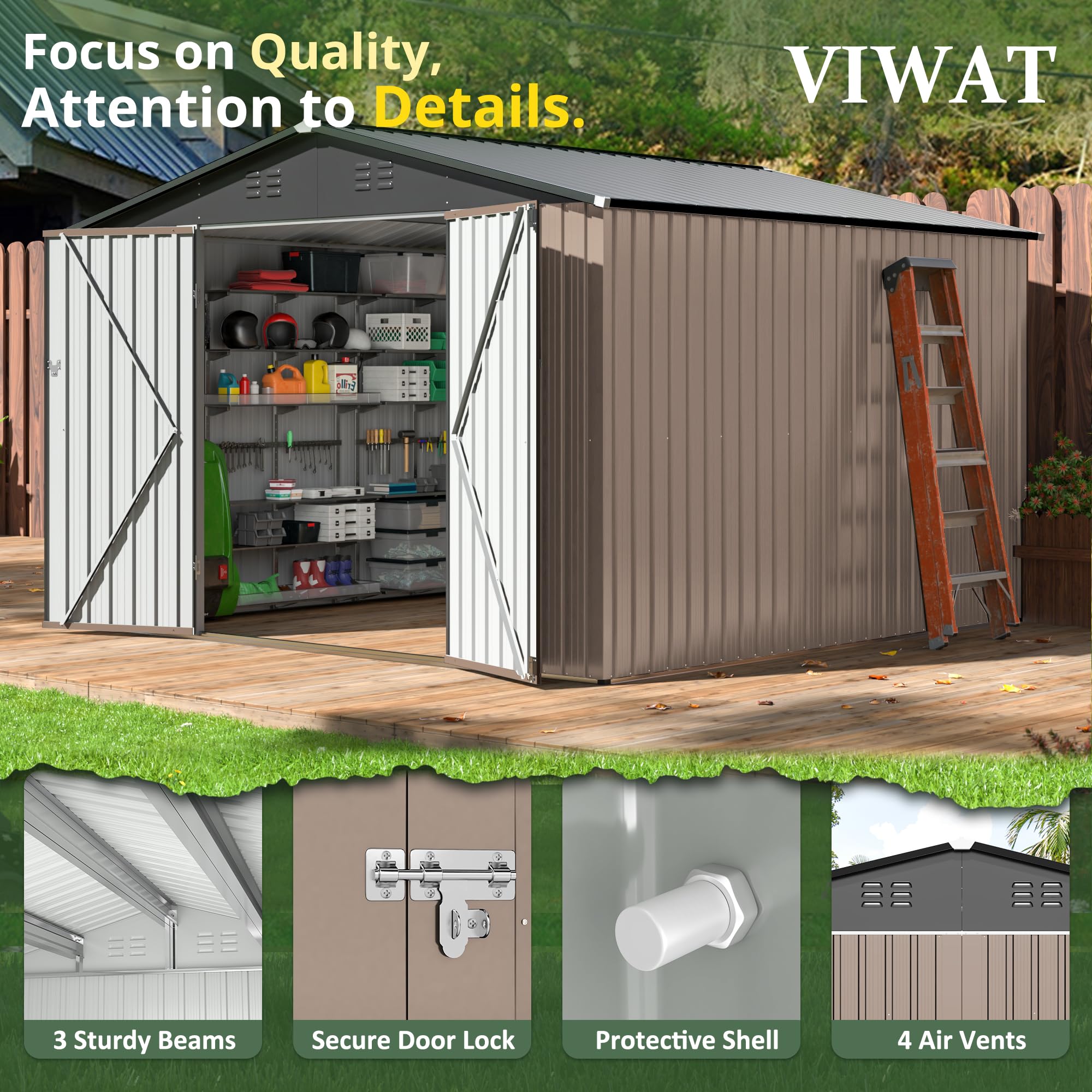 VIWAT 10x10 FT Outdoor Storage Shed, Garden Shed with Updated Frame Structure and Lockable Doors, Metal Tool Sheds for Backyard Garden Patio Lawn,Brown