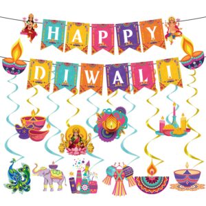 rakuto happy diwali party decorations - 12pcs happy diwali banner hanging swirls deepavali party hanging decor for indian deepavali diwali festival of lights rangoli diya theme party supplies