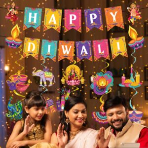 Rakuto Happy Diwali Party Decorations - 12PCS Happy Diwali Banner Hanging Swirls Deepavali Party Hanging Decor for Indian Deepavali Diwali Festival of Lights Rangoli Diya Theme Party Supplies