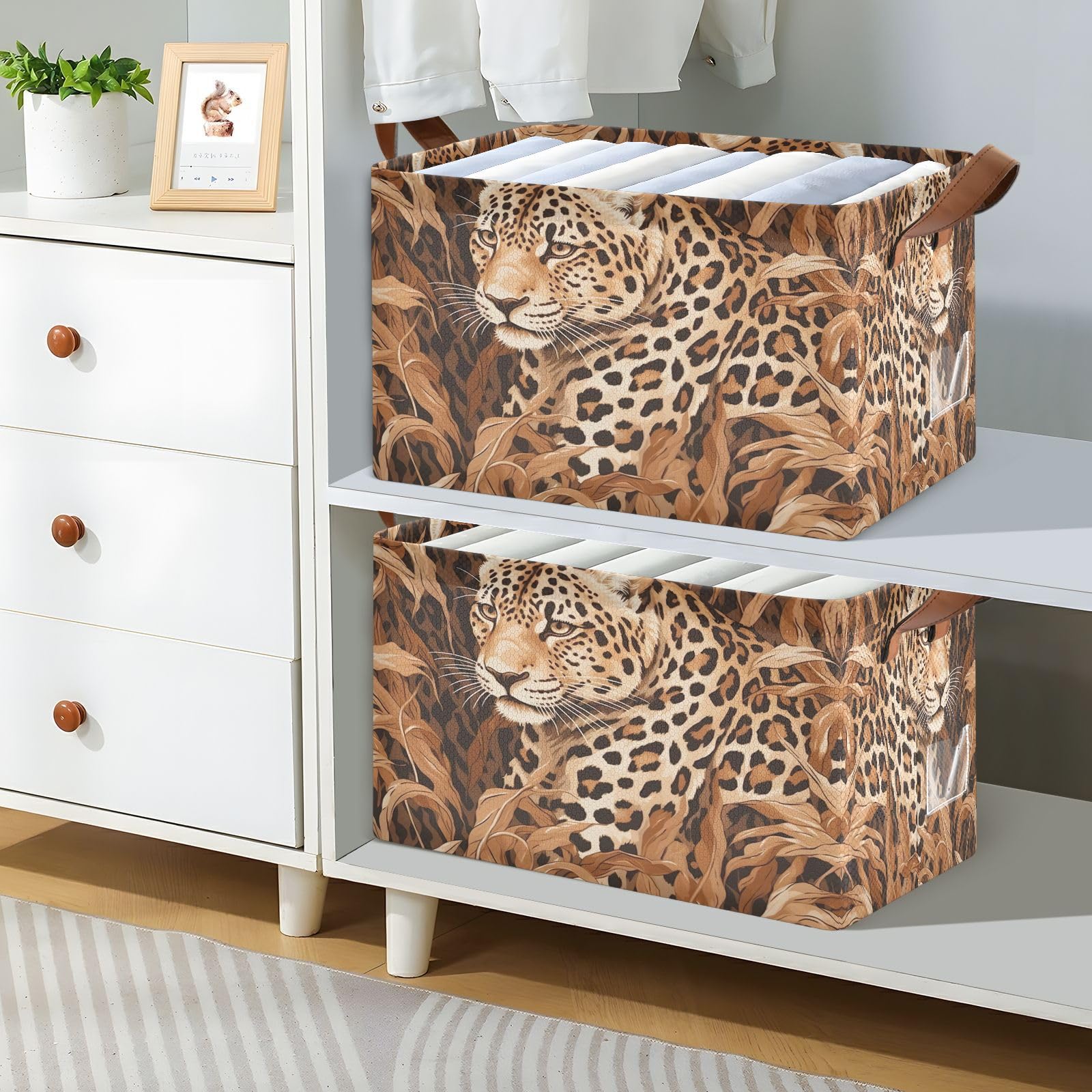 YETTASBIN Leopard Storage Basket 2 Pack, 32L Large Collapsible Toys Clothes Organizer, Waterproof Closet Storage Bin with Handle for Shelves Laundry Bathroom Home Office Decor