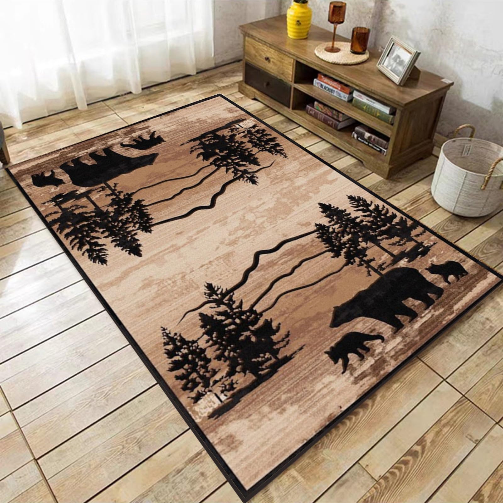 Country Woodland Bear Rug, 6x8ft, Wildlife Bear Cub Cabin Decor Rugs, Low Pile Non-Shedding Pet Friendly Throw Mat, Reduce Noise Soft Anti-Skid Carpet for Hardwood Floors Entryway