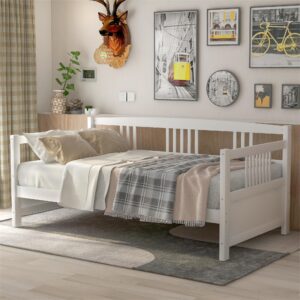 merax wood twin daybed, wooden sofa bed guest bed with rails & wood slat support, dual-use twin size platform bed frame for living room bedroom, no box spring needed, white