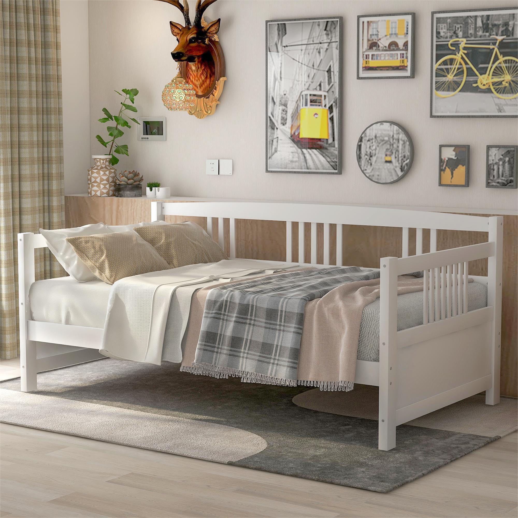 Merax Wood Twin Daybed, Wooden Sofa Bed Guest Bed with Rails & Wood Slat Support, Dual-use Twin Size Platform Bed Frame for Living Room Bedroom, No Box Spring Needed, White