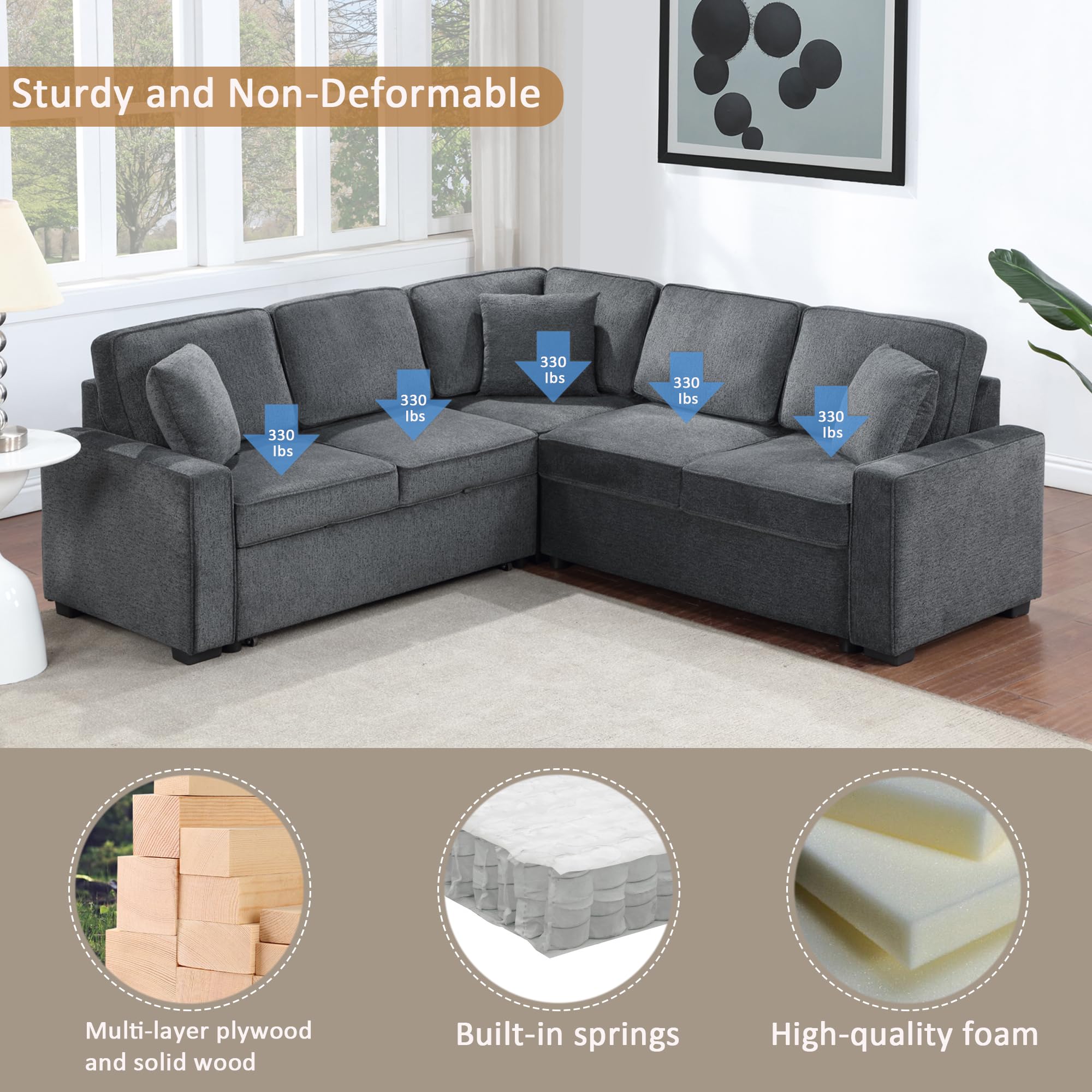 Favfurish Convertible Sectional Sleeper Sofa,L Shaped Oversized Modular Couch Upholstered Free Combined Corner Couches with 3 Pillows and 5 Seat,Pullout Bed,Chenille,Dark Gray