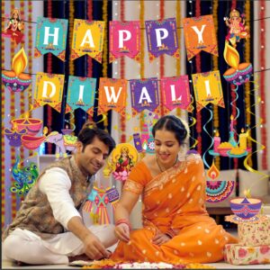 Rakuto Happy Diwali Party Decorations - 12PCS Happy Diwali Banner Hanging Swirls Deepavali Party Hanging Decor for Indian Deepavali Diwali Festival of Lights Rangoli Diya Theme Party Supplies