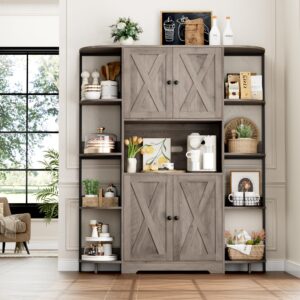 HITHOS 70" Kitchen Pantry Storage Cabinet, Tall Kitchen Hutch Cabinet with Microwave Stand, Industrial Pantry Cabinet with 8 Open Shelves & Coffee Bar Cabinet for Dining Room, Living Room, Ash Gray