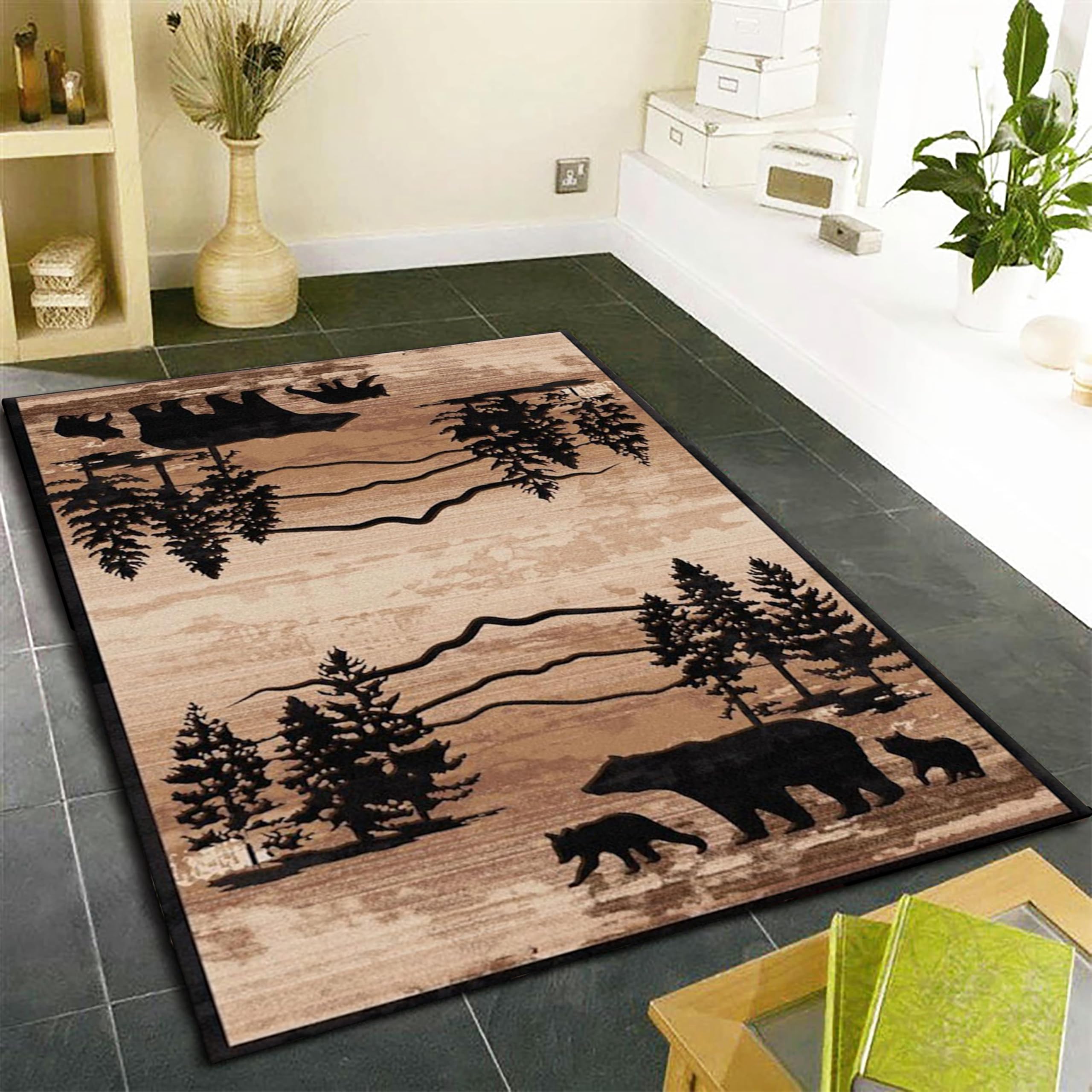 Country Woodland Bear Rug, 6x8ft, Wildlife Bear Cub Cabin Decor Rugs, Low Pile Non-Shedding Pet Friendly Throw Mat, Reduce Noise Soft Anti-Skid Carpet for Hardwood Floors Entryway