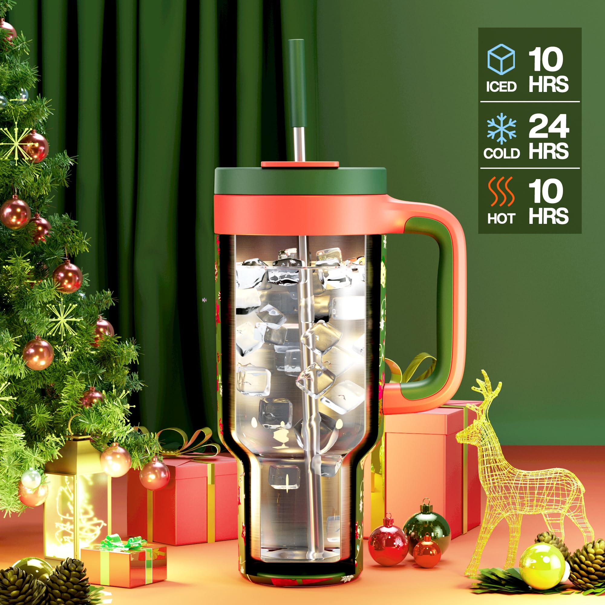 POWCAN 40 oz Christmas Tumbler with Handle, 2-in-1 Straw Lid, Leakproof, Dishwasher Safe, Insulated Stainless Steel Coffee Mug, Keeps Cold for 34 Hours, Fits in Car Cupholder (Merry Xmas)