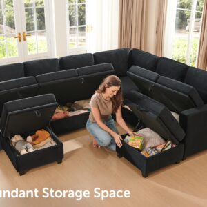 HONBAY Modular Sectional Couch with Storage, Velvet U-Shaped Sectional Sofa with Storage Ottoman Convertible U-Shaped Sofa for Living Room, Black