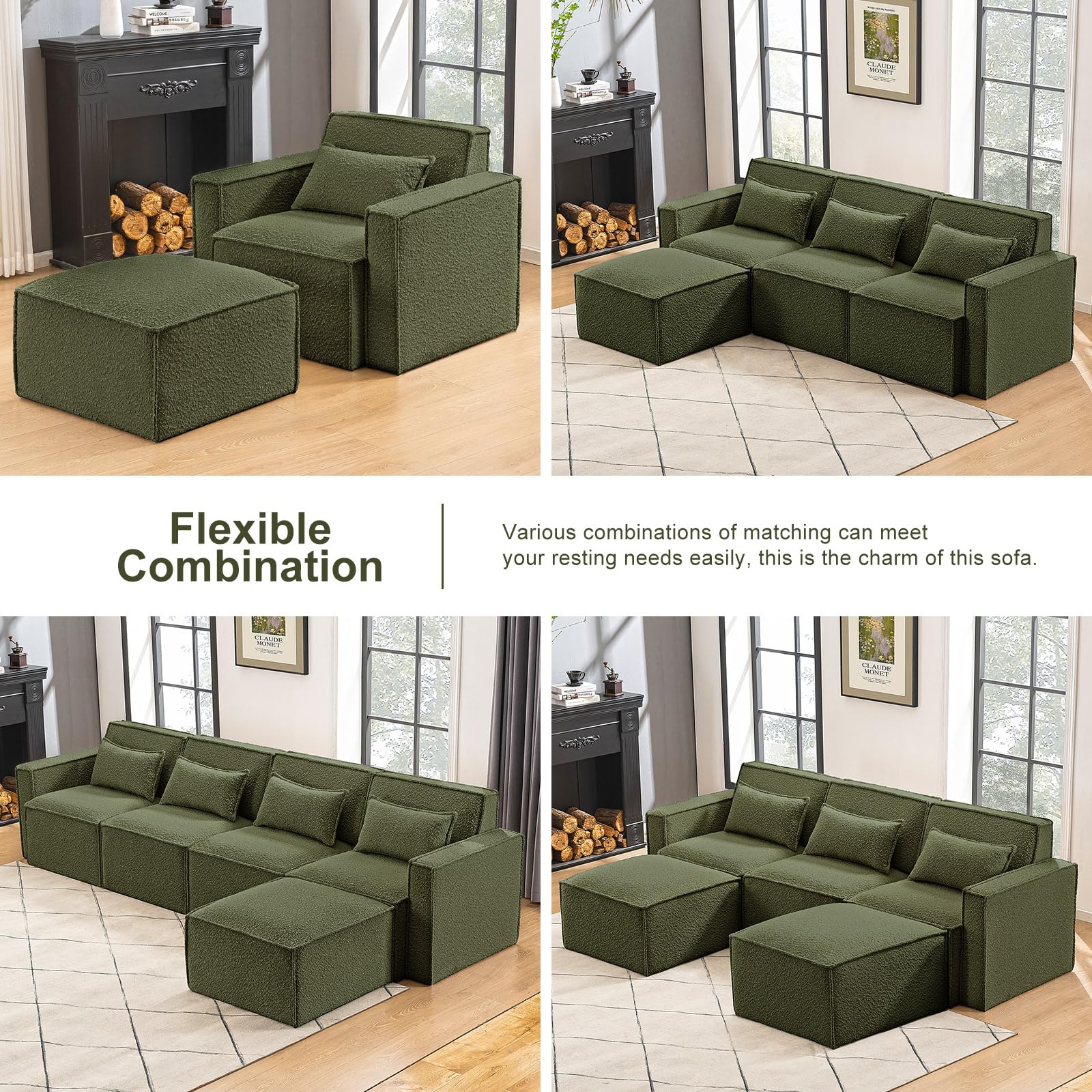 ELUCHANG 93" Modular Sectional Sofa Couch,4 Seat Sofa Convertible Modern Boucle L-Shaped Sofa with Reversible Chaise,High Supportive & Soft Sponges Comfy Sectional Sleeper Sofa for Living Room, Green