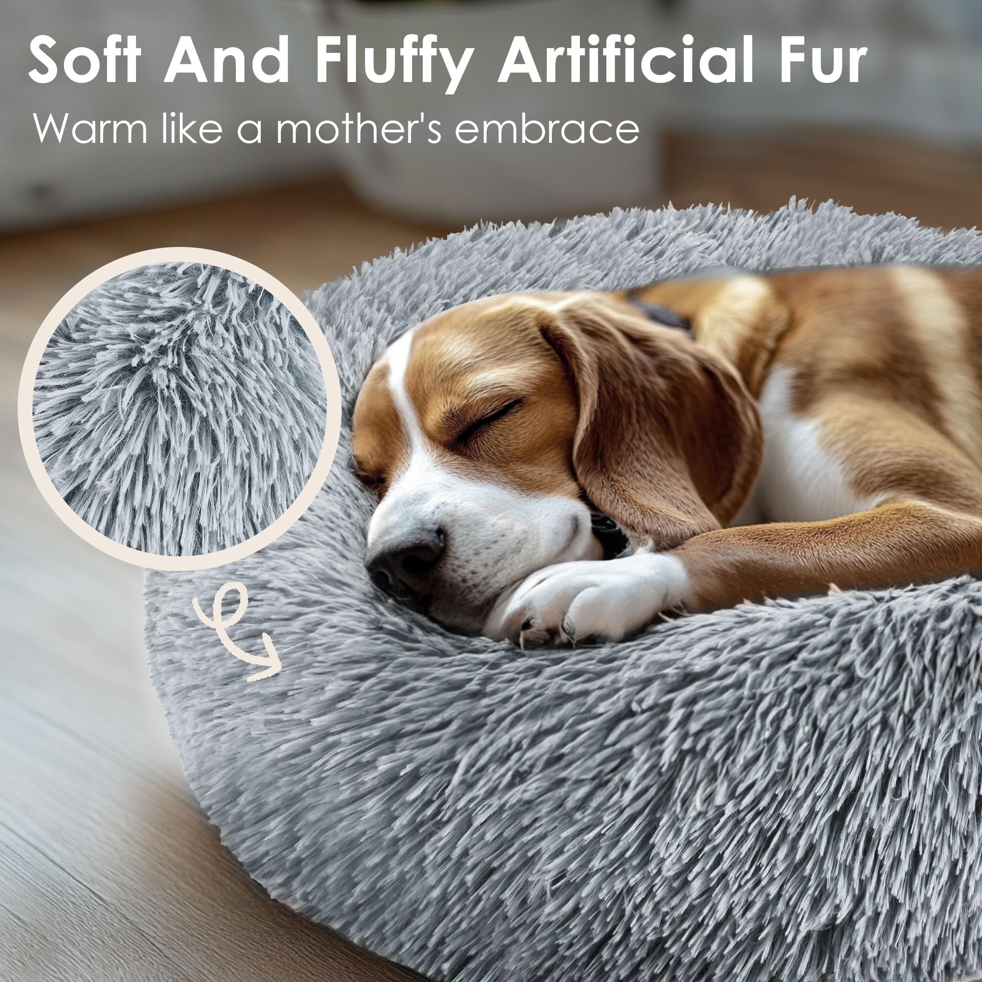 Hoewina Dog & Cat Bed, 20in Cat Beds for Indoor Cats, Calming Donut Bed for Puppy and Kitten, Washable Round Fluffy Pet Bed for Small Medium Dogs and Cats (Light Grey)