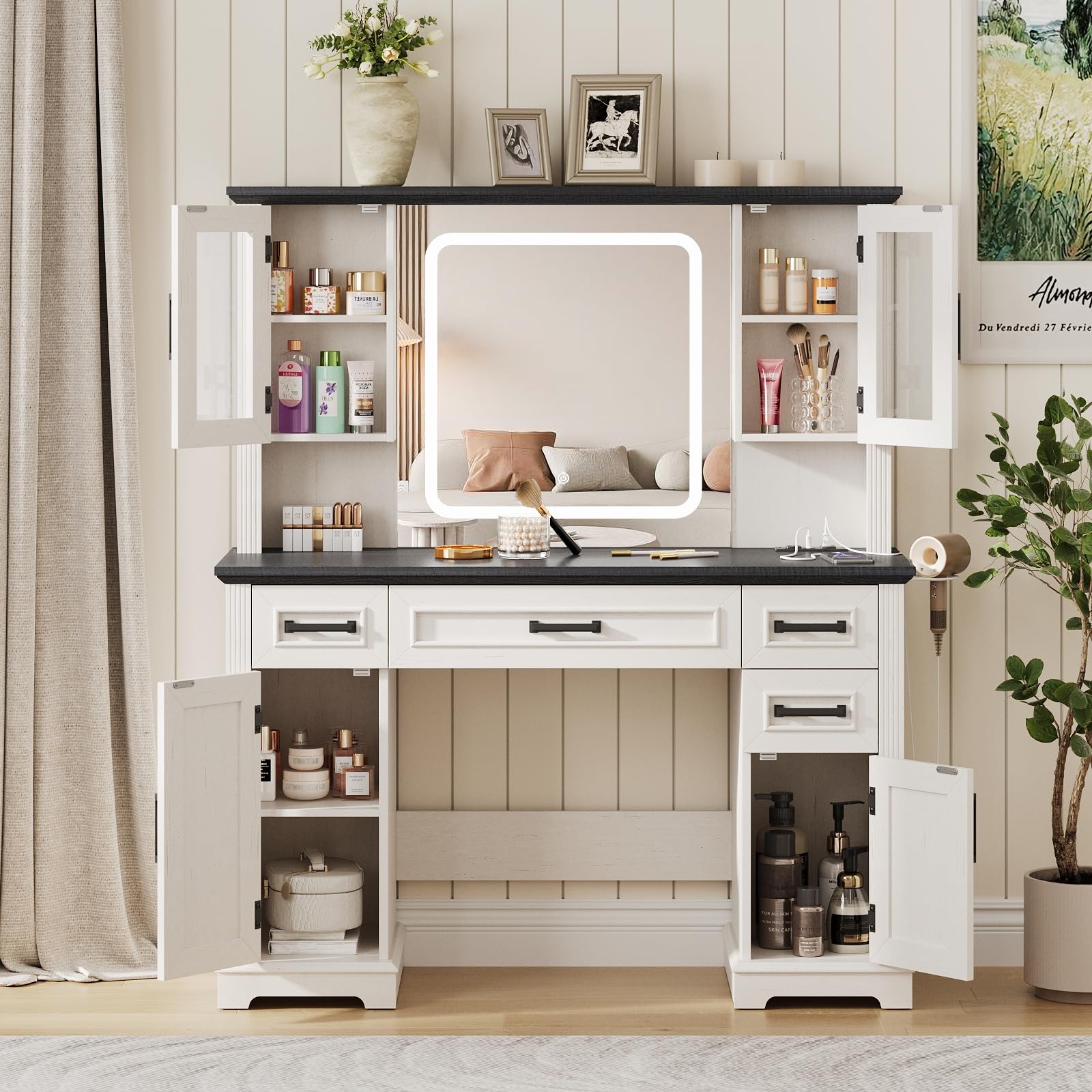 Maupvit Farmhouse Vanity Desk with Mirror and Lights, Makeup Vanity Table with Charging Station, 45" Bedroom Table with 4 Drawers and Cabinets, 3 Lighting Modes, White