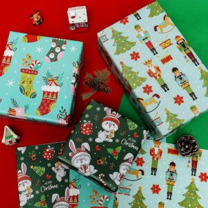 BOLIANNE Christmas Wrapping Paper for Kids Boys Girls - Funny Xmas Holiday Gift Wrap with Socks, Rabbits, Nutcracker for New Year Party - 6 Large Sheets, 27 x 37 Inch, High Gloss