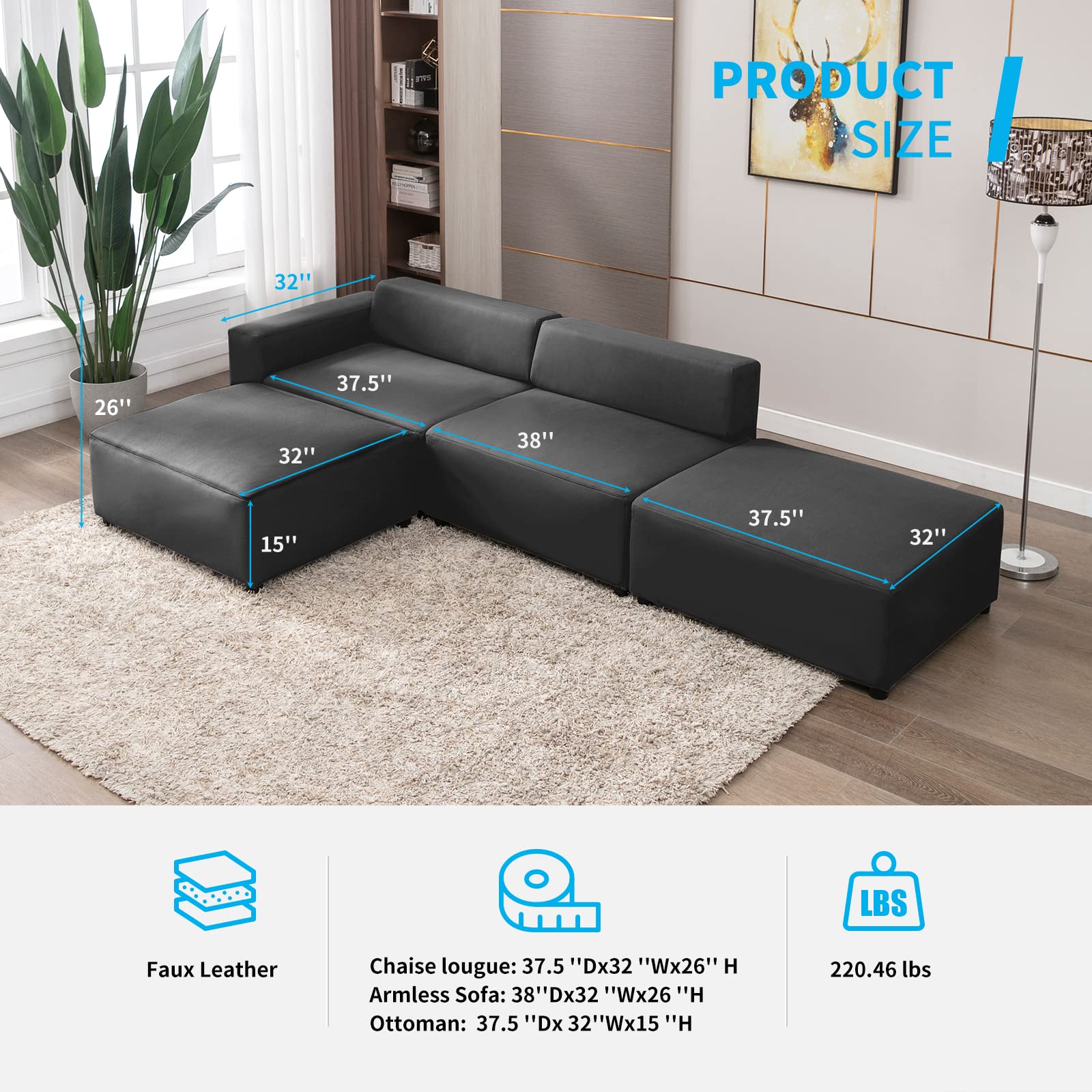 Mjkone Oversized Convertible L Shape Sectional Sofa Couch, Modular Sofa with Reversible Ottoman, Upholstered Sectional Couch for Living Room Apartment, Dark Gray