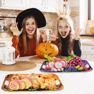 gisgfim 2Pcs Halloween Serving Trays 16.1 X 11.1 Inch Large Melamine Platters with Handles, Orange Purple Castle Pumpkin Bat Food Trays Halloween Movie Night Snack Trays Birthday Party Serving Dishes