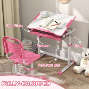 Qaba Kids Desk and Chairs Set, Height Adjustable Children School Study Desk with Tilt Desktop, Storage Drawer, Pen Slot, Hook, Ergonomic Table and Chair Set for Kids, Pink