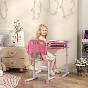 Qaba Kids Desk and Chairs Set, Height Adjustable Children School Study Desk with Tilt Desktop, Storage Drawer, Pen Slot, Hook, Ergonomic Table and Chair Set for Kids, Pink