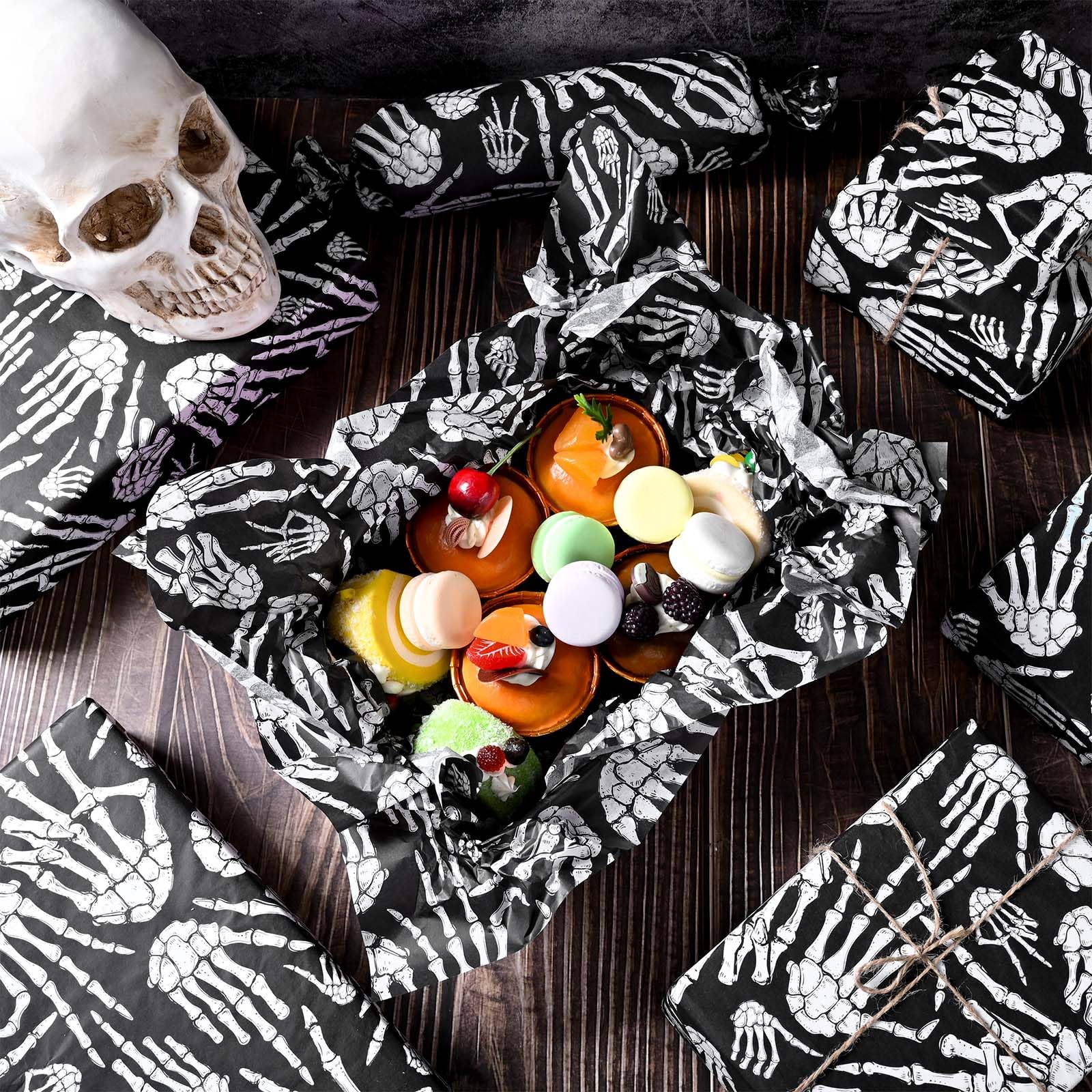 100 Sheets 20 * 14 Inches Halloween Tissue Paper for Gift Wrapping Black White Skeleton Hands Tissue Paper for Gift Bags Spooky Decorative Tissue for Halloween Party DIY Craft