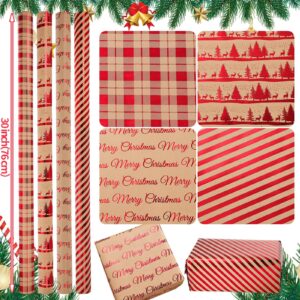 woric Jumbo Christmas Wrapping Paper 30 Inch 4 Rolls Gift Wrapping Paper Christmas Rolls, Brown Paper with Red Pattern Vintage Christmas Stocking Stuffers, 10 Feet Per Roll