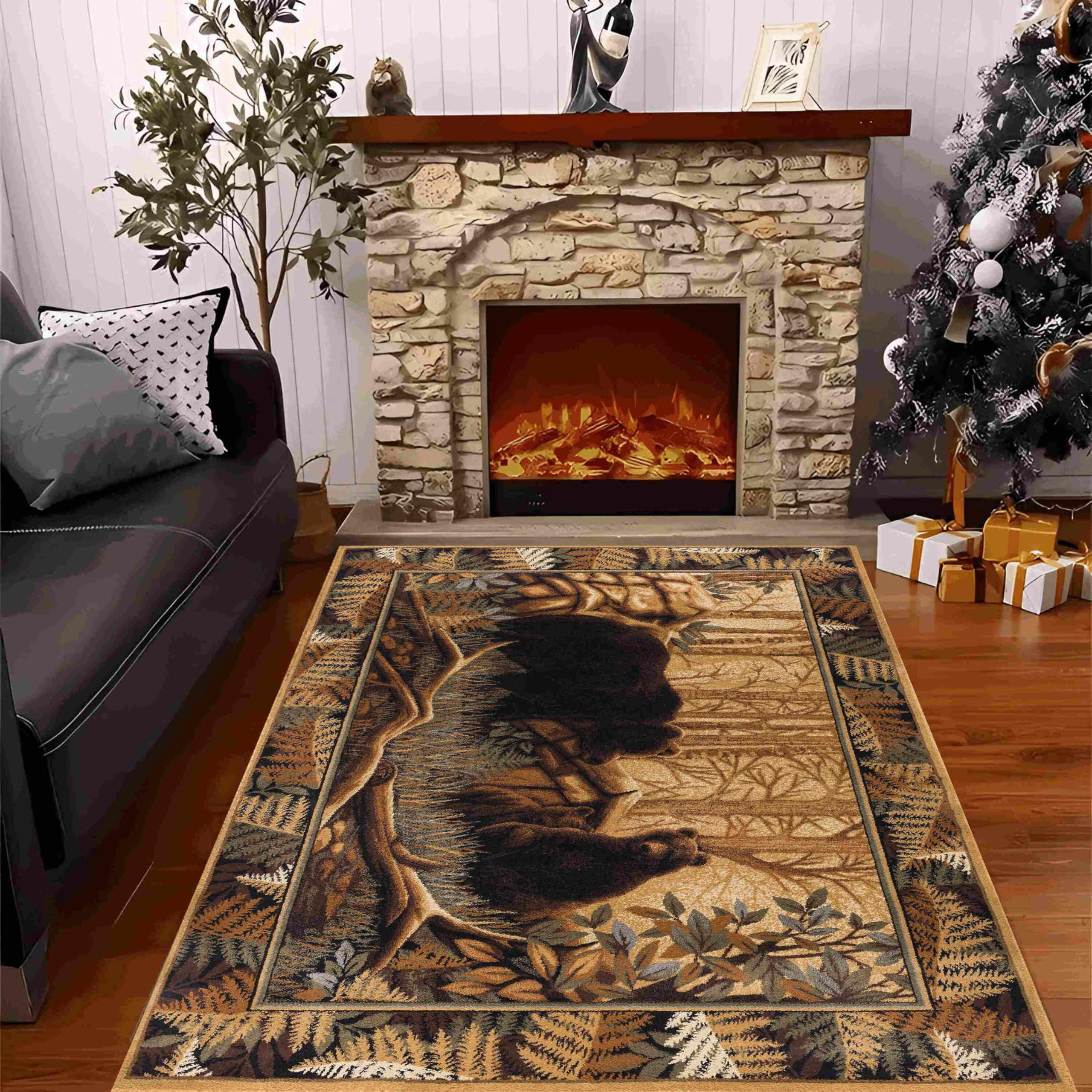 Lgglovelin Bear Area Rug, 3x4ft Living Room Bear Print Rug,Wild Animal Rug,Country Rustic Rug,Southwestern Woodland Rug,Indoor Non-Slip Rug,Bedroom Soft Rug,Washable Rug,Vintage Patchwork Cabin Rug.