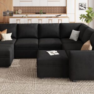 HONBAY Modular Sectional Couch with Storage, Velvet U-Shaped Sectional Sofa with Storage Ottoman Convertible U-Shaped Sofa for Living Room, Black