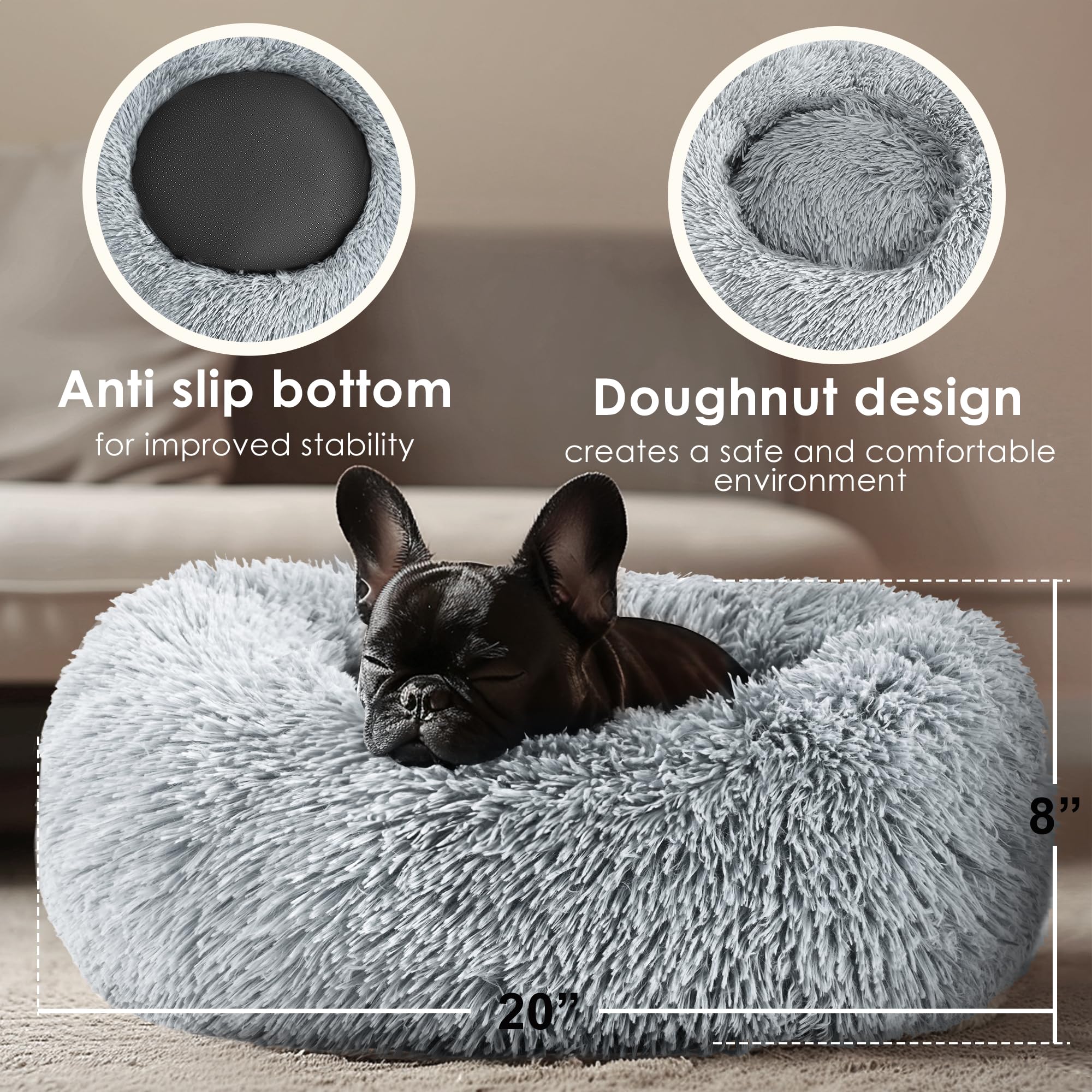 Hoewina Dog & Cat Bed, 20in Cat Beds for Indoor Cats, Calming Donut Bed for Puppy and Kitten, Washable Round Fluffy Pet Bed for Small Medium Dogs and Cats (Light Grey)