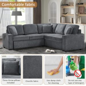 Favfurish Convertible Sectional Sleeper Sofa,L Shaped Oversized Modular Couch Upholstered Free Combined Corner Couches with 3 Pillows and 5 Seat,Pullout Bed,Chenille,Dark Gray