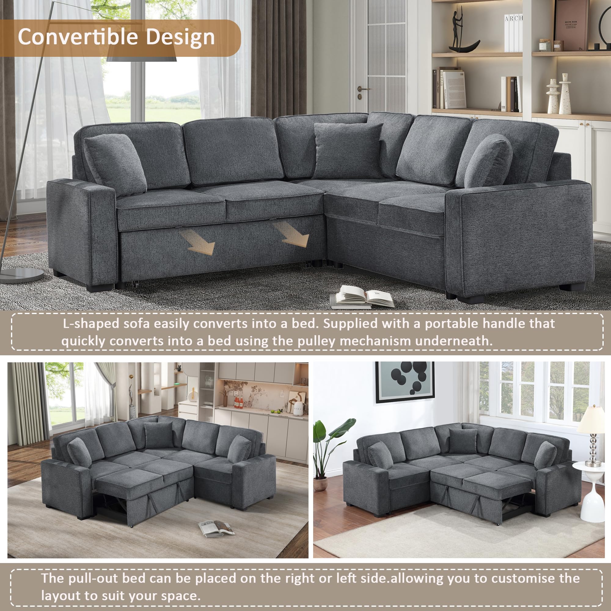 Favfurish Convertible Sectional Sleeper Sofa,L Shaped Oversized Modular Couch Upholstered Free Combined Corner Couches with 3 Pillows and 5 Seat,Pullout Bed,Chenille,Dark Gray