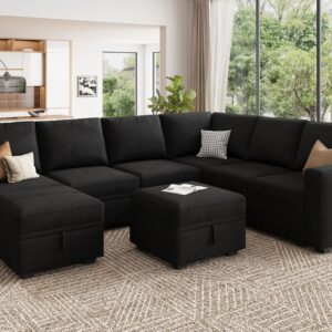 HONBAY Modular Sectional Couch with Storage, Velvet U-Shaped Sectional Sofa with Storage Ottoman Convertible U-Shaped Sofa for Living Room, Black