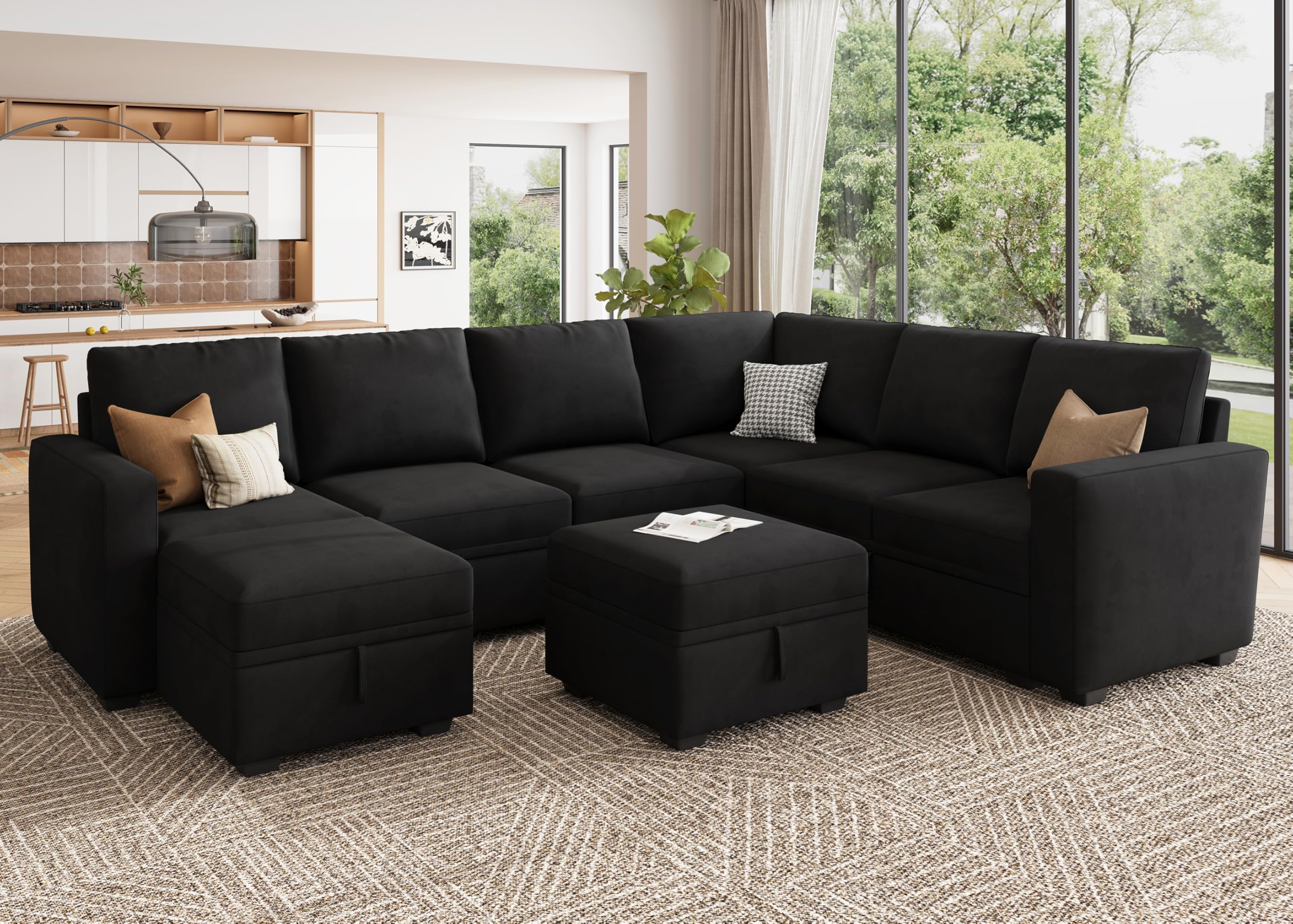 HONBAY Modular Sectional Couch with Storage, Velvet U-Shaped Sectional Sofa with Storage Ottoman Convertible U-Shaped Sofa for Living Room, Black