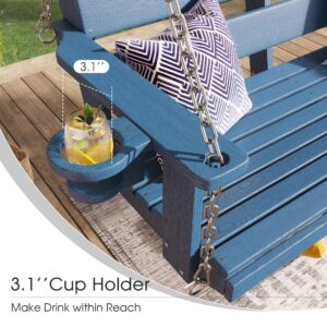 VICLLAX Outdoor Hanging Porch Swing, HDPE Patio Swing Chair with Cup Holders, 2 Seat Swing Chair Bench for Courtyard & Garden, 600LBS Weight Capacity, Dark Blue