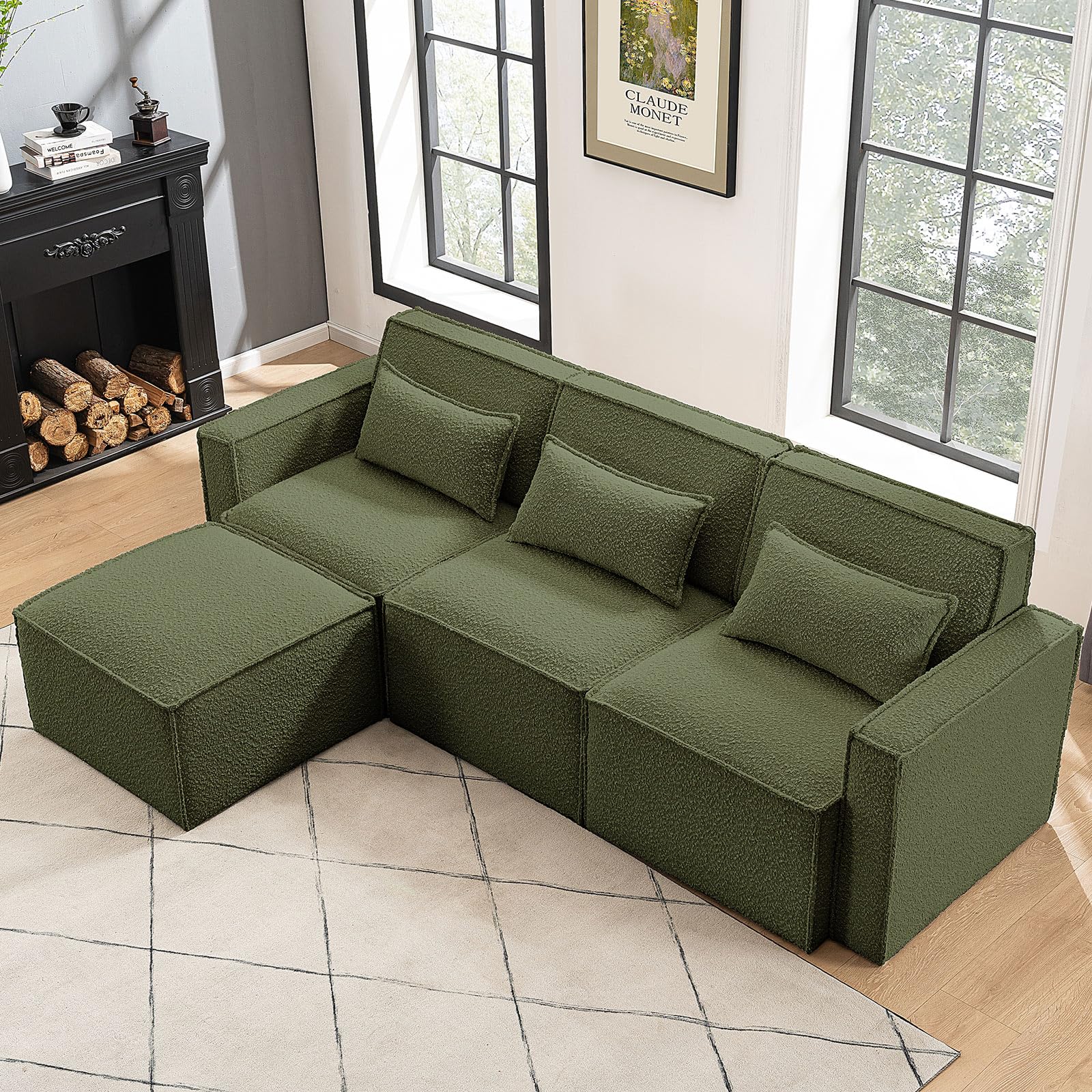 ELUCHANG 93" Modular Sectional Sofa Couch,4 Seat Sofa Convertible Modern Boucle L-Shaped Sofa with Reversible Chaise,High Supportive & Soft Sponges Comfy Sectional Sleeper Sofa for Living Room, Green