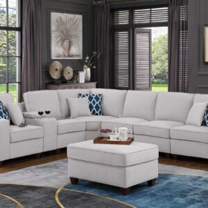 WOODRK Upholstered Sectional Sofa Set with Ottoman and Mobile Armless Chairs, Linen Couch with 2 Cup Holders, USB Ports and Storage Space, for Living Room, Apartment, Light Gray