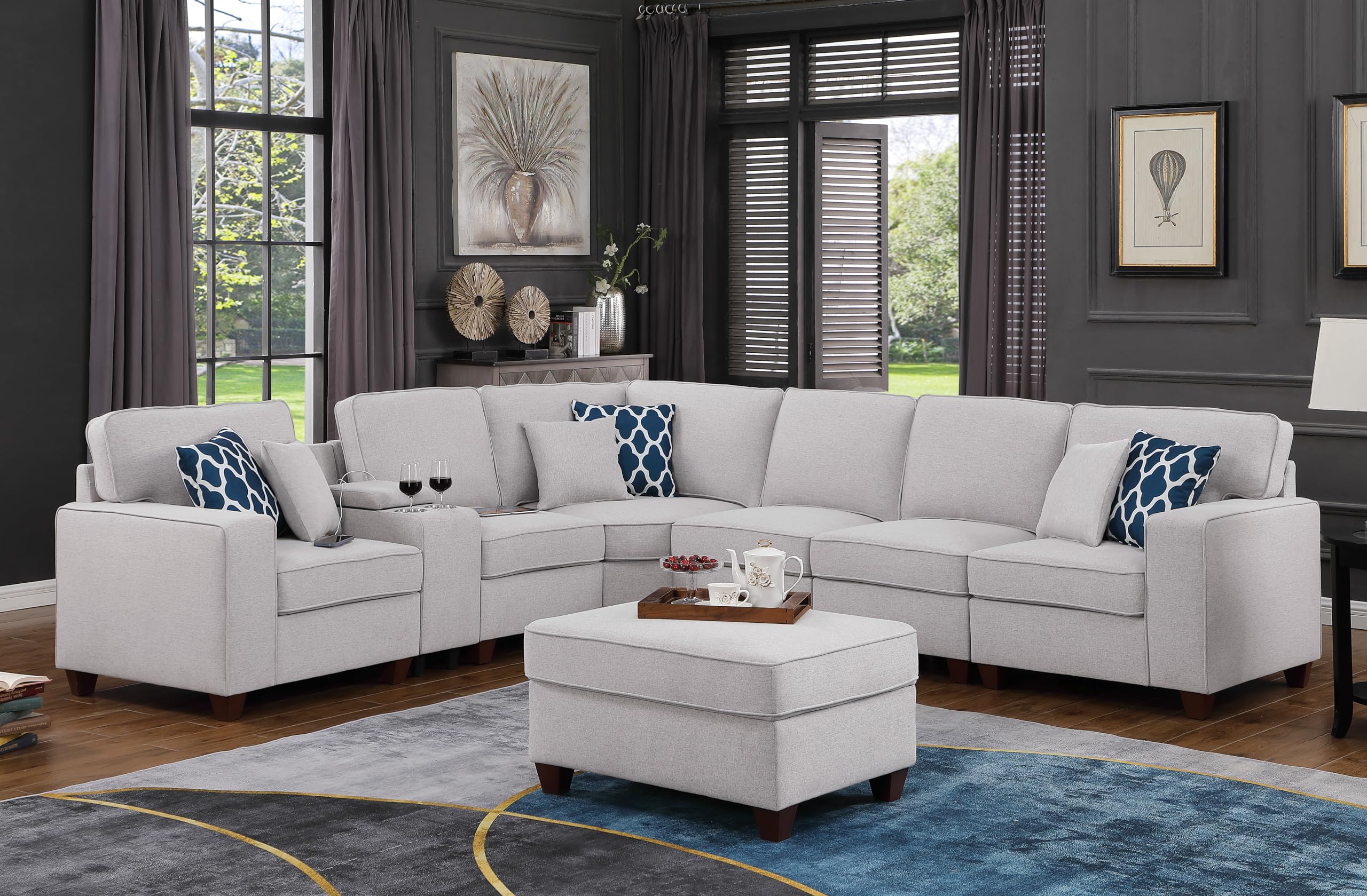 WOODRK Upholstered Sectional Sofa Set with Ottoman and Mobile Armless Chairs, Linen Couch with 2 Cup Holders, USB Ports and Storage Space, for Living Room, Apartment, Light Gray