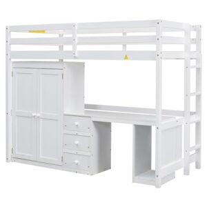 BOVZA Wood Twin Size Loft Bed Frame with Desk and Wardrobe, Built-in Desk with 3 Drawers and Open Cabinet, Twin Loft Bed with Desk and Storage for Kids Teens Adults, White