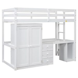 BOVZA Wood Twin Size Loft Bed Frame with Desk and Wardrobe, Built-in Desk with 3 Drawers and Open Cabinet, Twin Loft Bed with Desk and Storage for Kids Teens Adults, White