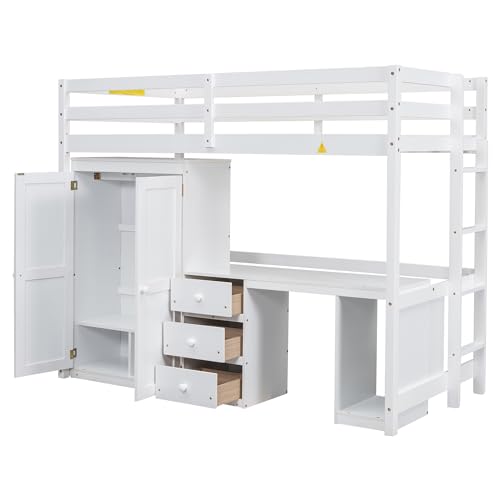 BOVZA Wood Twin Size Loft Bed Frame with Desk and Wardrobe, Built-in Desk with 3 Drawers and Open Cabinet, Twin Loft Bed with Desk and Storage for Kids Teens Adults, White